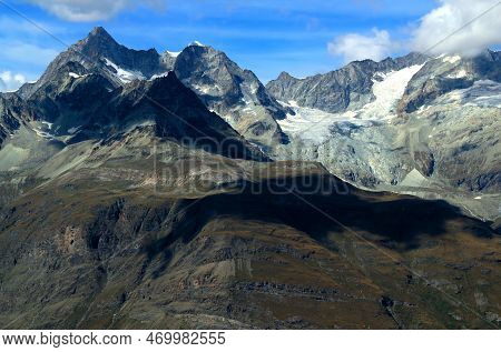 Close-up View Of The Landscape With Mountain Ranges And Snow On The Tops On A Mount Gornergrat, Near