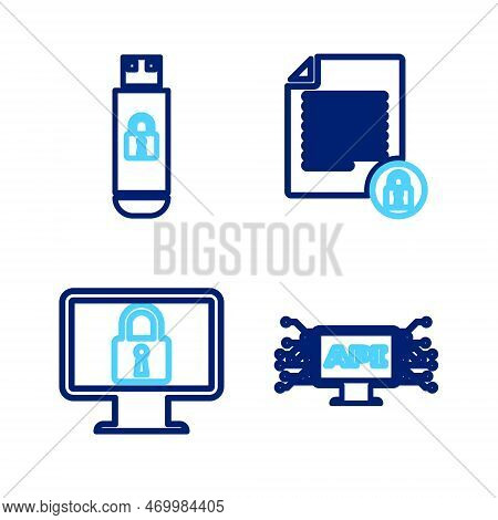 Set Line Computer Api Interface, Lock On Monitor, Document And Lock And Usb Flash Drive With Icon. V