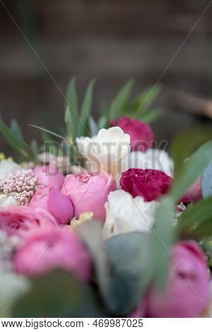 Wedding Bouquet Composed Of Roses, Ozothamnus, Freesia And Eucalyptus. Pink Bridal Bouquet. Wedding 