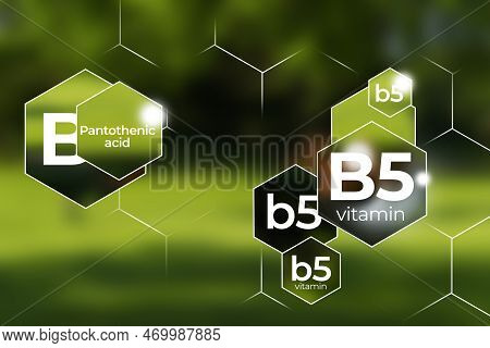Molecular Model Of Vitamin B5. Hexagons With Vitamin B5 Name, Blurry Background.