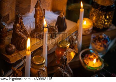 Candle Burns On The Altar, Magic Among Candles, Clean Negative Energy, Wicca Concept