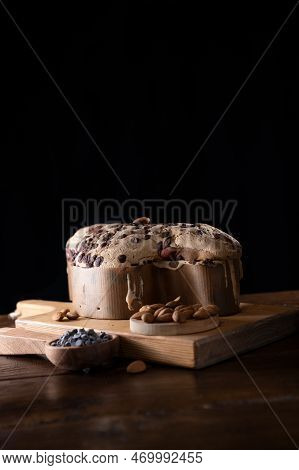 Colomba With Chocolate. Easter Italian Cake With Almonds And Chocolate In The Shape Of A Dove. Festi