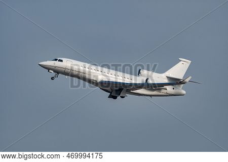 Zurich, Switzerland, January 20, 2023 Dessault Falcon 8x Business Aircraft Taking Off From Runway 28