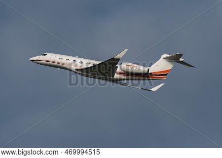 Zurich, Switzerland, January 20, 2023 Gulfstream G650 Business Aircraft Takeoff From Runway 28 After