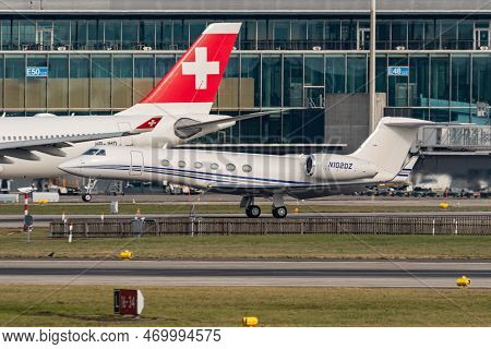 Zurich, Switzerland, January 20, 2023 Gulfstream G5 Business Aircraft Takeoff From Runway 28 After T
