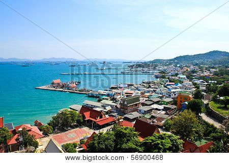 Aerial View Of Fisherman Pier In With Village And Town At Srichang Island ,chonburi ,thailand.