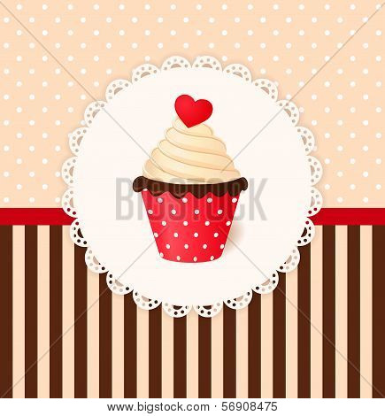 Vintage Vector Invitation Card With Heart On Cream Cake.