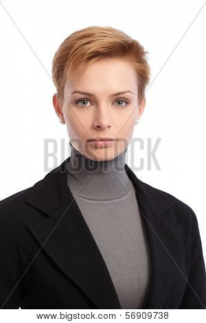 Portrait of young businesswoman with short hair.
