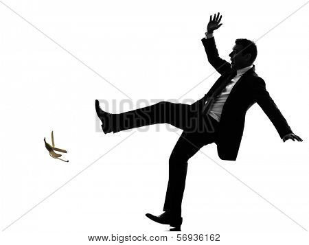 one caucasian unlucky carefree business man in silhouette  on white background