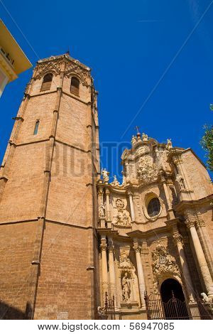 Valencia Cathedral facade and Miguelete Micalet in Plaza de la Reina at Spain