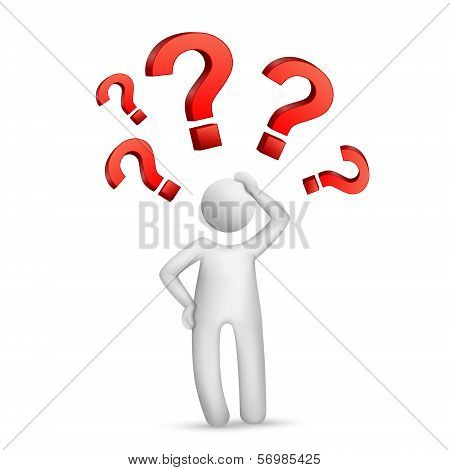 3D Man Thinking With Red Question Marks
