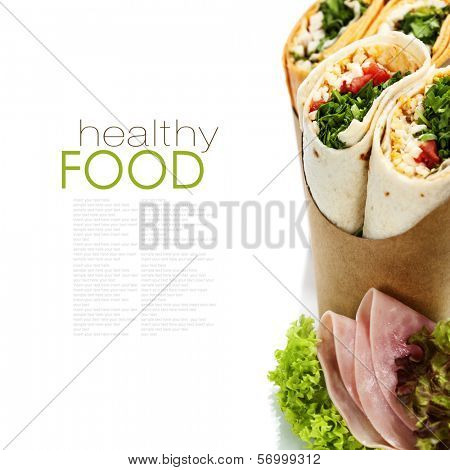 tortilla wraps with chicken and fresh vegetables isolated on white (with easy removable sample text)