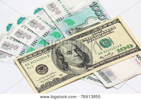Hundred dollars and to one thousand rouble banknotes