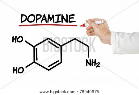Chemical formula of dopamine on a white background