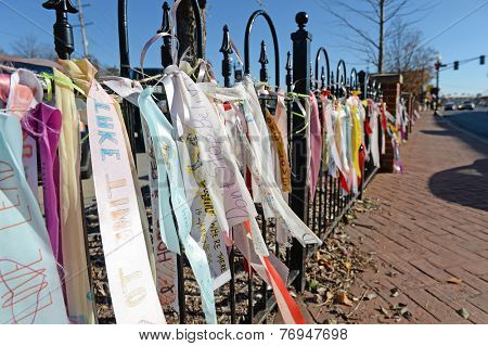FERGUSON, MO/USA - NOVEMBER 25, 2014: Messages of hope wave in front of business district in Ferguson in the aftermath of riots and vandalism