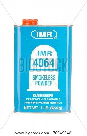 Hayward, CA - November 23, 2014: Metal container of IMR 4064 smokeless gunpowder
