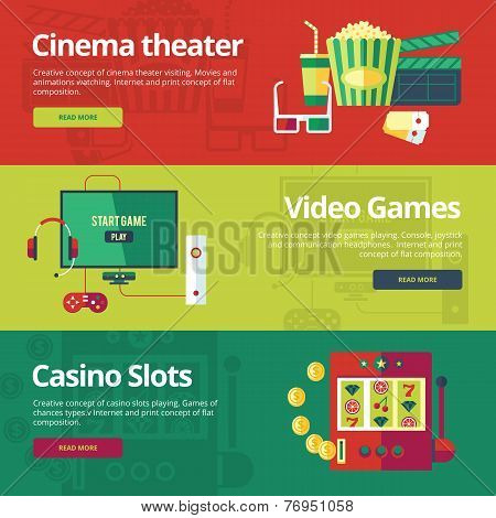 Set of flat design concepts for cinema theater, video games, casino slots.  Concepts for web banners