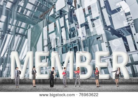 Concept of partner, friends,collaborate with group of business people stand with 3d text. 
