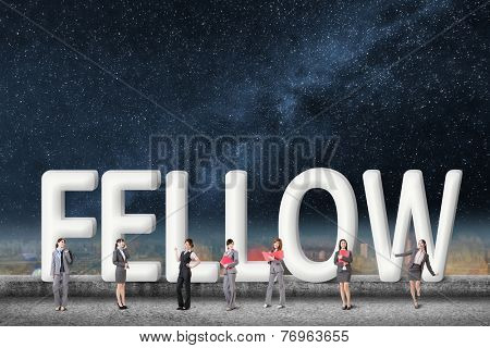 Concept of partner, friends,collaborate with group of business people stand with 3d text. 