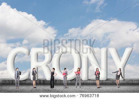 Concept of partner, friends,collaborate with group of business people stand with 3d text. 