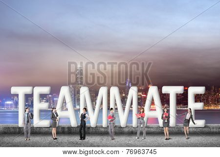 Concept of partner, friends,collaborate with group of business people stand with 3d text. 