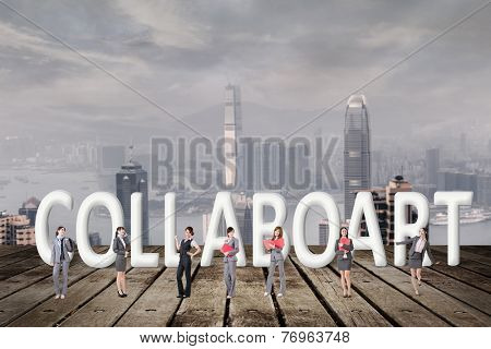 Concept of partner, friends,collaborate with group of business people stand with 3d text. 