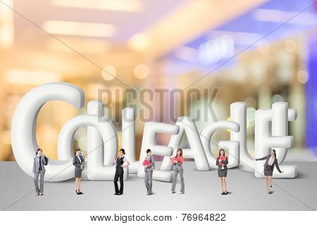 Concept of partner, friends,collaborate with group of business people stand with 3d text. 