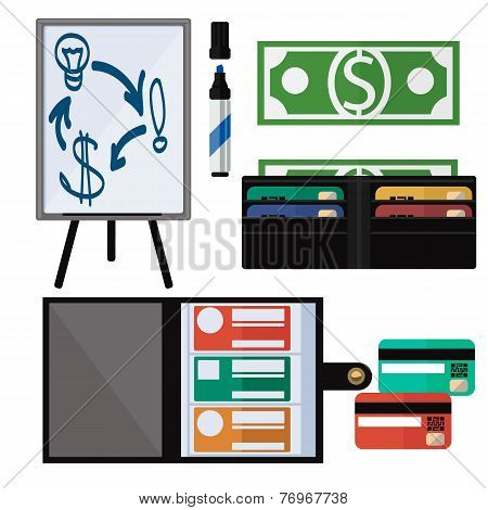 Dollar bills, laptop, leather wallet
