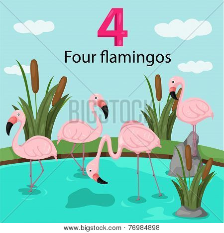 Illustrator of number four with flamingos