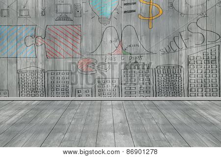Business Concept Doodles On Dark Gray Wooden Wall And Floor