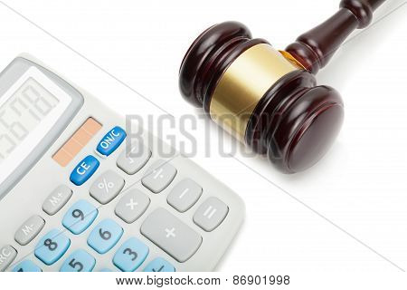 Wooden Judge's Gavel And Calculator