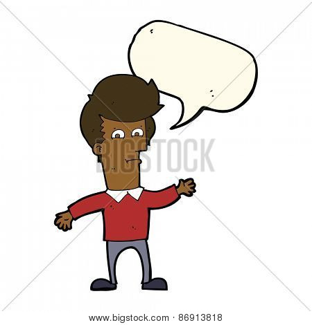 cartoon waving man with speech bubble