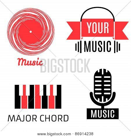 Set of four music logotypes (record,microphone,piano,headphones)