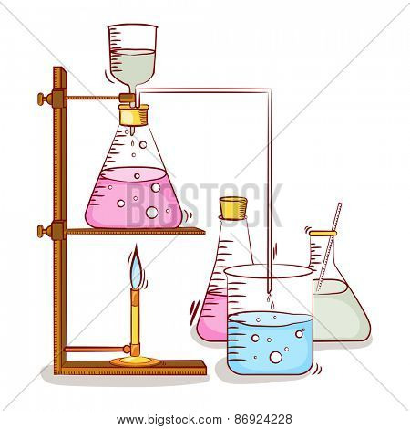 Lab experiment objects consist of beaker and flasks with chemical on grey background.