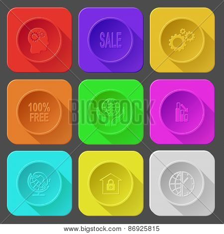 human brain, sale, gears, 100% free, protection world, graph degress, globe and handset, bank, globe and clock. Color set raster icons.