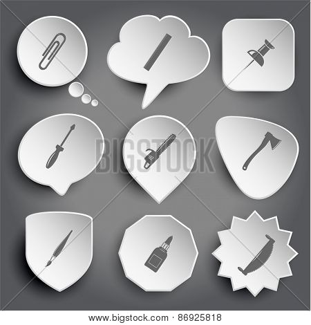 clip, ruler, push pin, screwdriver, gasoline-powered saw, axe, brush, glue bottle, two-handled saw. White raster buttons on gray.