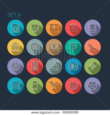 Round Thin Icon with Long Shadow Set 8