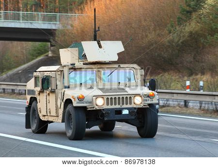 PILSEN CZECH REPUBLIC - APRIL 1, 2015:  The Humvee one part of Dragoon Ride convoy from Operation Atlantic Resolve. Longest march US Army in Europe after second world war.