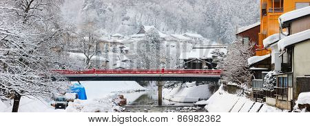 Panorama of Nakabashi Bridge of Takayama town in Japan on winter day