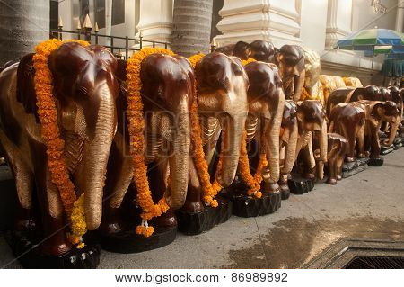 Wood Elephants At Erawan Shrine In Bangkok .