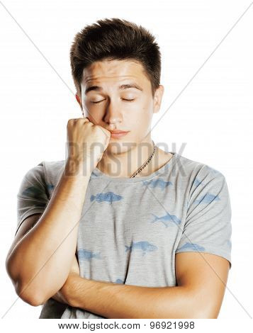 young attractive man isolated thinking emotional on white