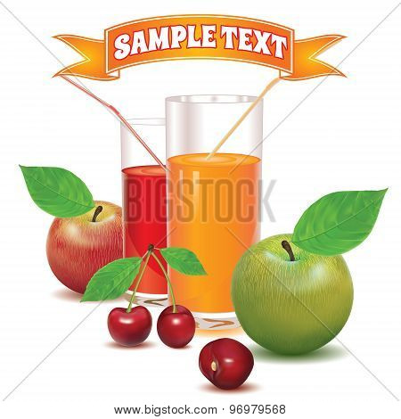 two glasses for juice from ripe red berries cherries and apples red and green colors with leaves