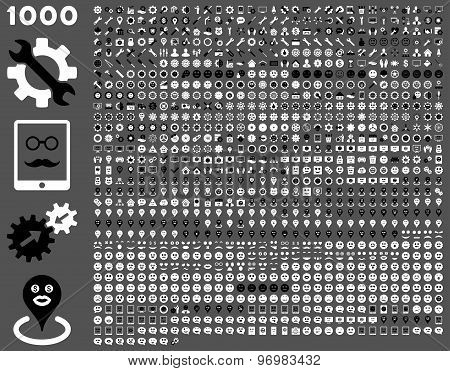 1000 tools, gears, smiles, map markers, mobile icons