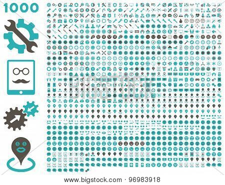 1000 tools, gears, smiles, map markers, mobile icons