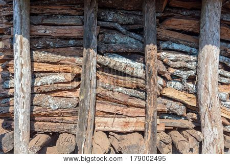 Abstract background of stored pieces of small wood ready for heating chopped at home in the countryside.
