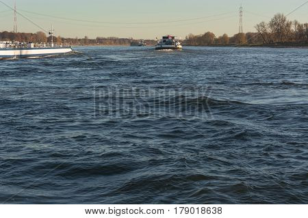 Ship traffic on the Rhine near Dormagen Zons in Germany.