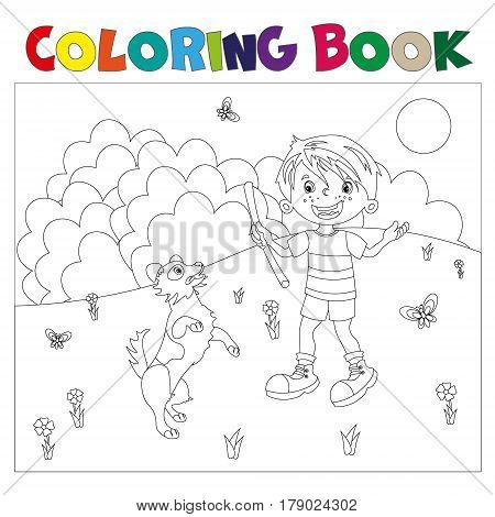 Coloring page outline cartoon boy with dog. Coloring book for kids