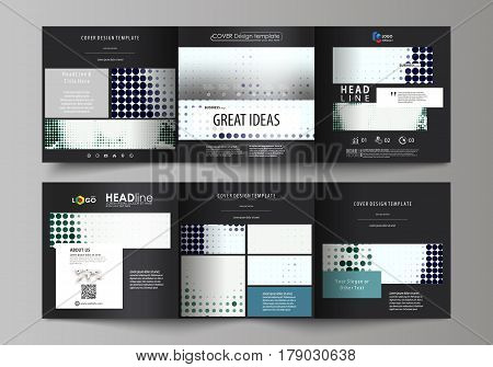 Set of business templates for tri fold square design brochures. Leaflet cover, abstract flat layout, easy editable vector. Halftone dotted background, retro style grungy pattern, vintage texture. Halftone effect with black dots on white.