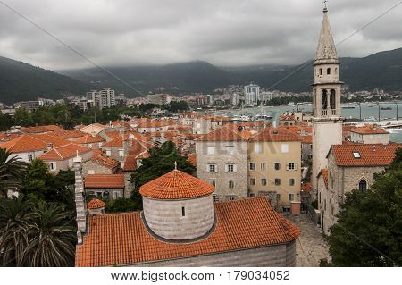 View of the old town against the background of the mountains