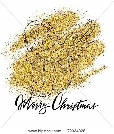 Cute isolated vector concept card with hand drawn little angel. Beautiful Merry Christmas background with glitter effect and lettering